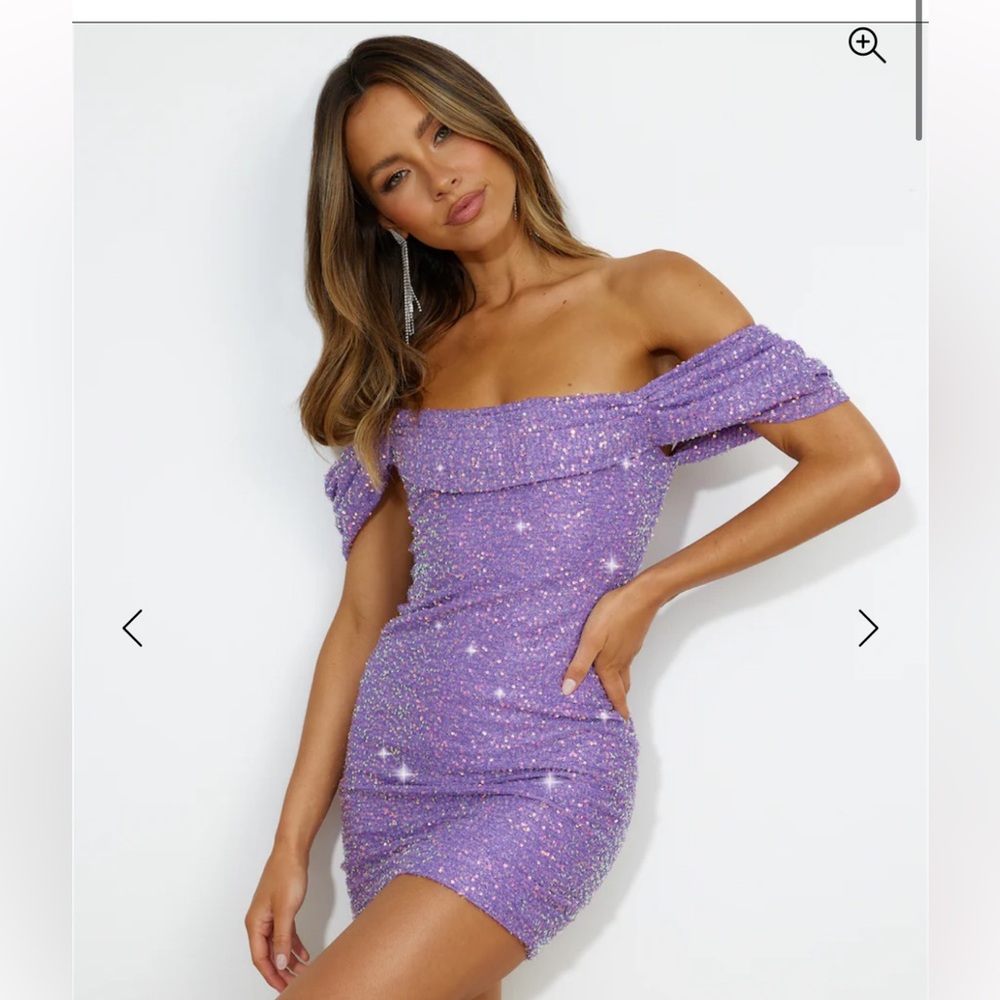 Hello Molly gorgeous Sequin Mini off the shoulder Dress Purple